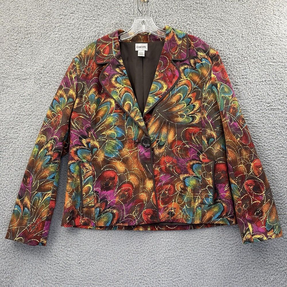 Chico's Cotton Blend Blazer Jacket Floral Art Boho Colorful Abstract Women's 2 L